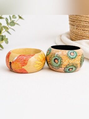 Boho Hand Painted Wood Bangle Set Floral Abstract Stack Bracelets